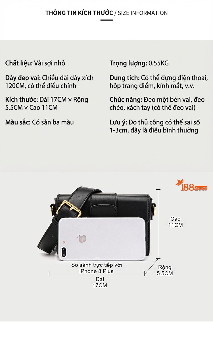 Túi Đeo Vai Nữ Kiểu Dáng Hộp Đậu Phụ Da Bóng Màu Đen chi tiết 4