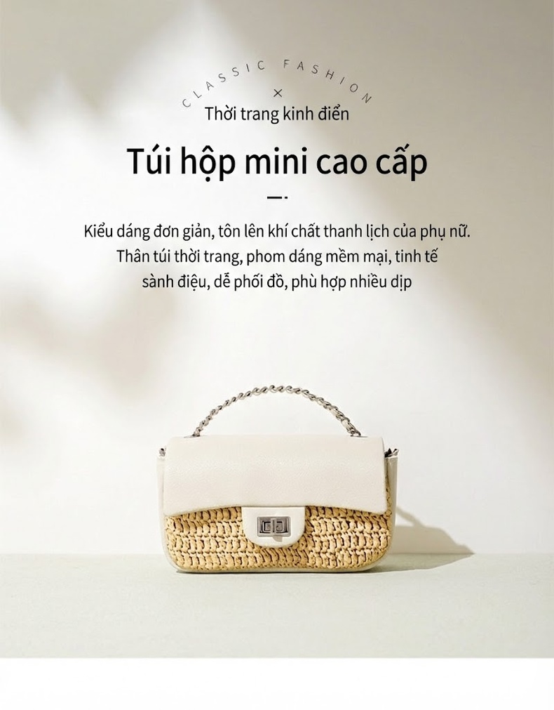 Túi Đeo Vai Nữ Phối Màu Phong Cách Bãi Biển Mini Dây Xích Tiện Lợi Cao Cấp Đeo Chéo Đơn Giản Màu Trắng, Nâu, Xanh... chi tiết 2