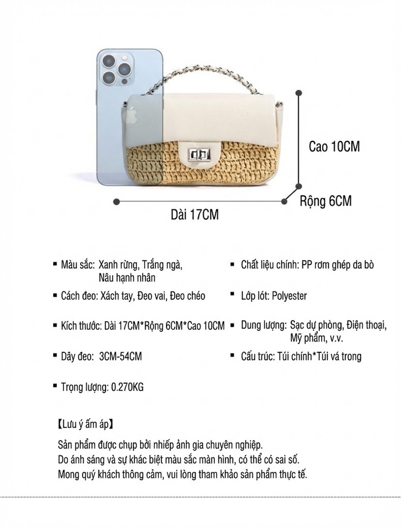Túi Đeo Vai Nữ Phối Màu Phong Cách Bãi Biển Mini Dây Xích Tiện Lợi Cao Cấp Đeo Chéo Đơn Giản Màu Trắng, Nâu, Xanh... chi tiết 7