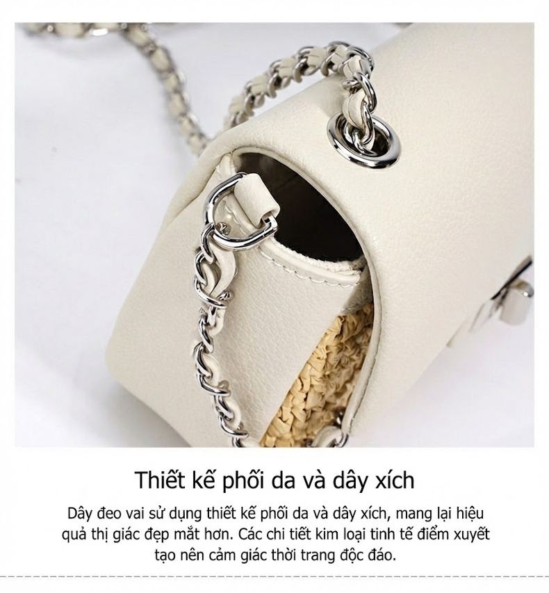 Túi Đeo Vai Nữ Phối Màu Phong Cách Bãi Biển Mini Dây Xích Tiện Lợi Cao Cấp Đeo Chéo Đơn Giản Màu Trắng, Nâu, Xanh... chi tiết 12