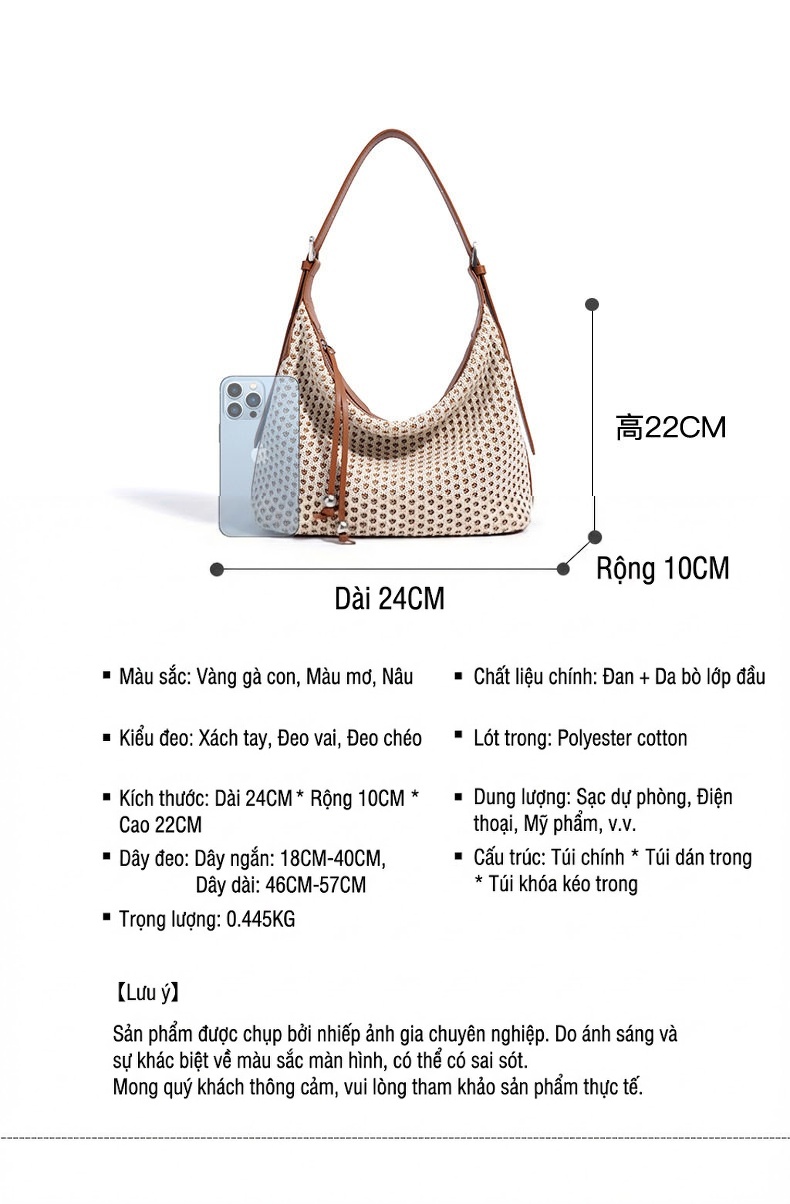 Túi Đeo Vai Nữ Quai Da Thật Dáng Túi Gạo Chất Liệu Cói Đan Phong Cách Retro Màu Kem, Nâu, Vàng chi tiết 8