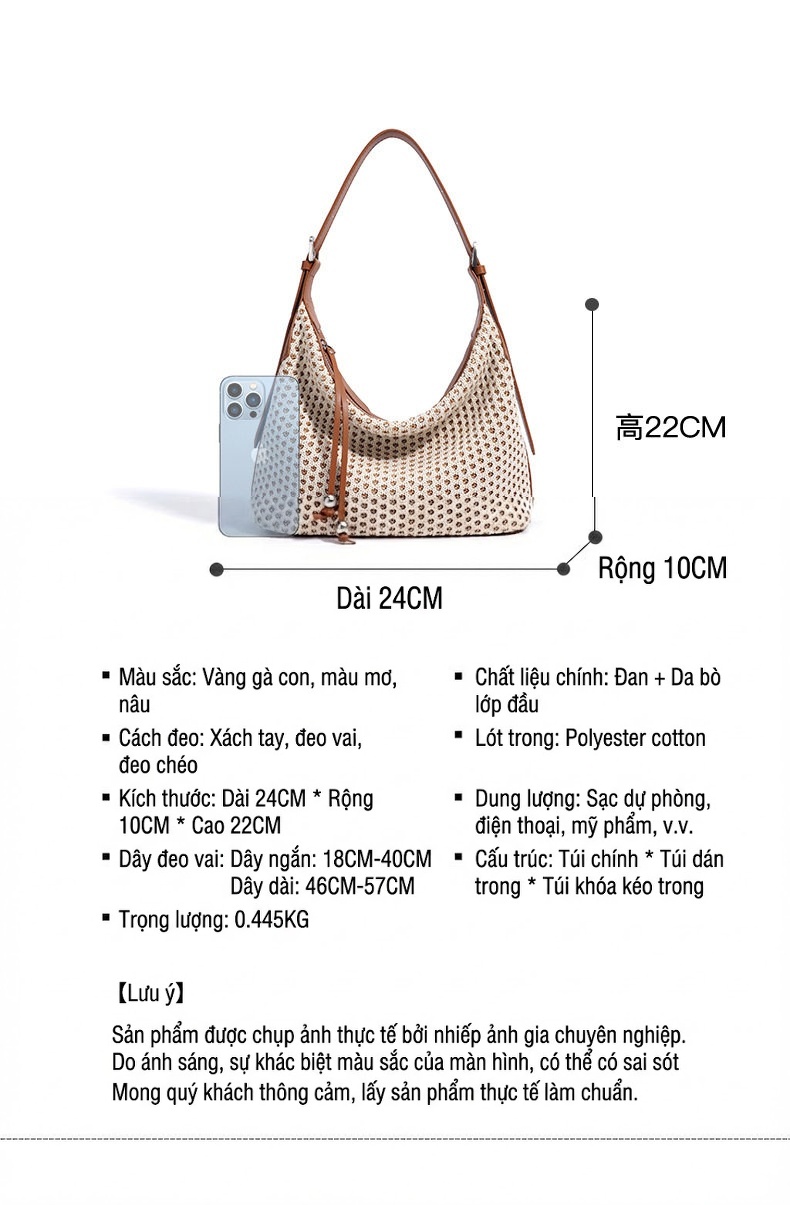 Túi Đeo Vai Nữ Quai Da Thật Dáng Túi Gạo Chất Liệu Cói Đan Phong Cách Retro Màu Kem, Nâu, Vàng chi tiết 24