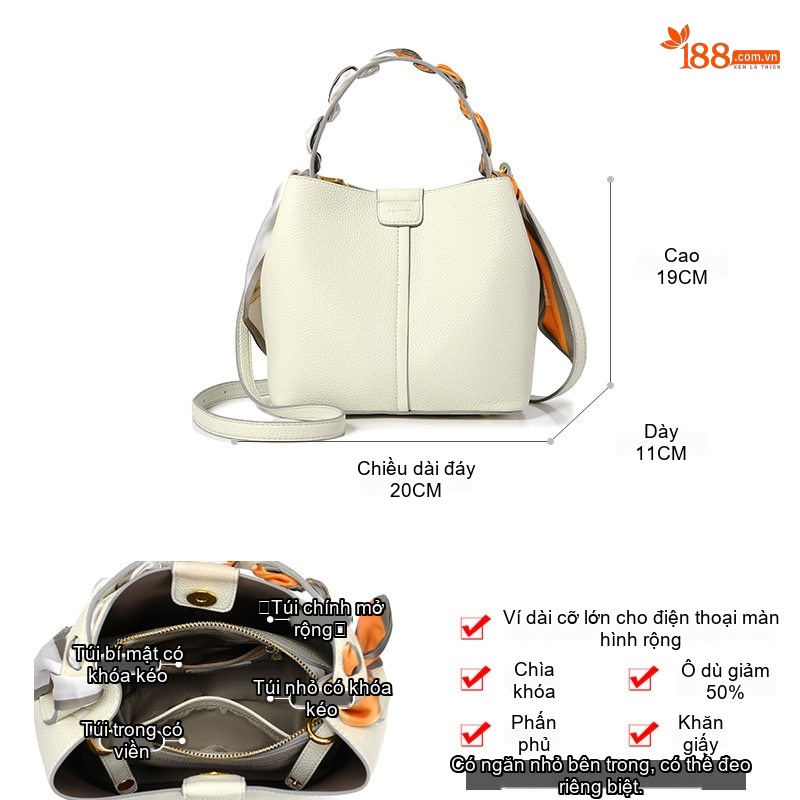 Túi Đeo Vai Nữ Sức Chứa Lớn Kiểu Túi Bucket Da Mờ Màu Nâu, Trắng