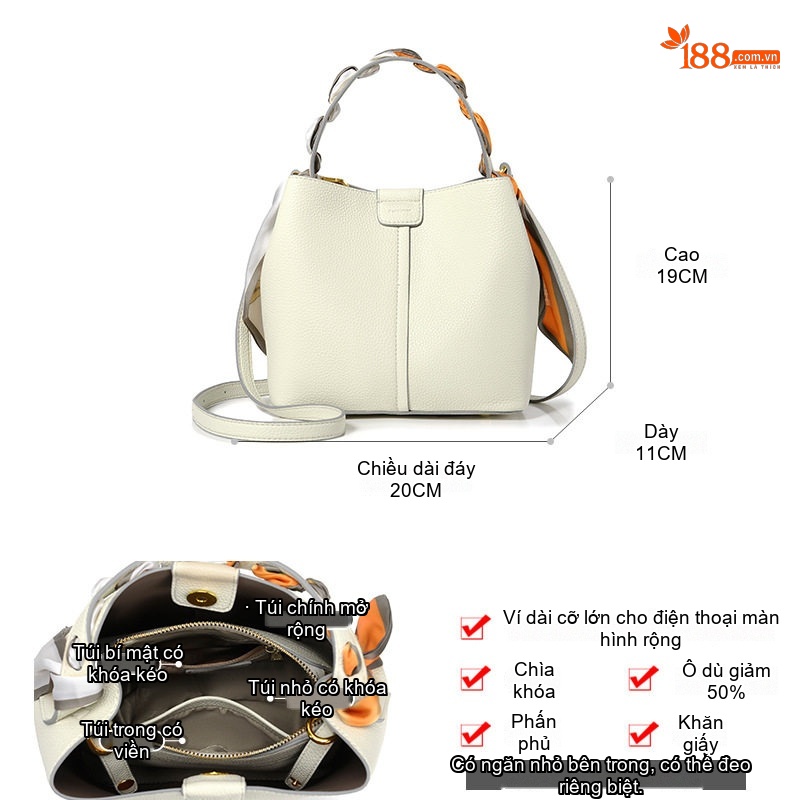 Túi Đeo Vai Nữ Sức Chứa Lớn Kiểu Túi Bucket Da Mờ Màu Nâu, Trắng chi tiết 3