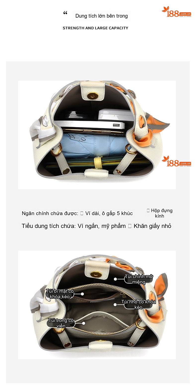 Túi Đeo Vai Nữ Sức Chứa Lớn Kiểu Túi Bucket Da Mờ Màu Nâu, Trắng chi tiết 4