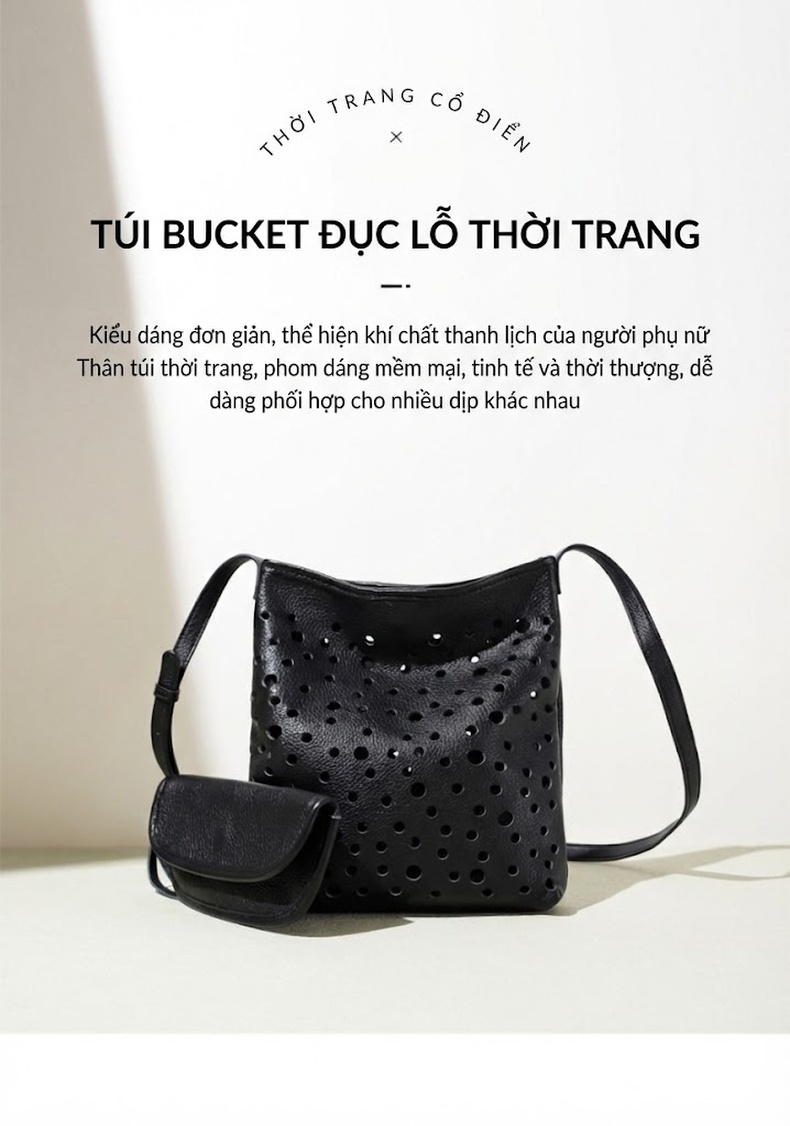Túi Đeo Vai Nữ Thiết Kế Đục Lỗ Phong Cách Punk Kèm Túi Nhỏ Màu Đen chi tiết 3