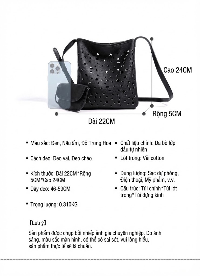 Túi Đeo Vai Nữ Thiết Kế Đục Lỗ Phong Cách Punk Kèm Túi Nhỏ Màu Đen chi tiết 10