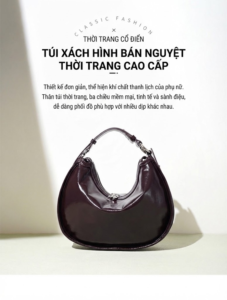 Túi Đeo Vai Nữ Thiết Kế Hình Trăng Lưỡi Liềm Da Bóng Cao Cấp Màu Đen, Nâu Đỏ, Trắng Kem chi tiết 1