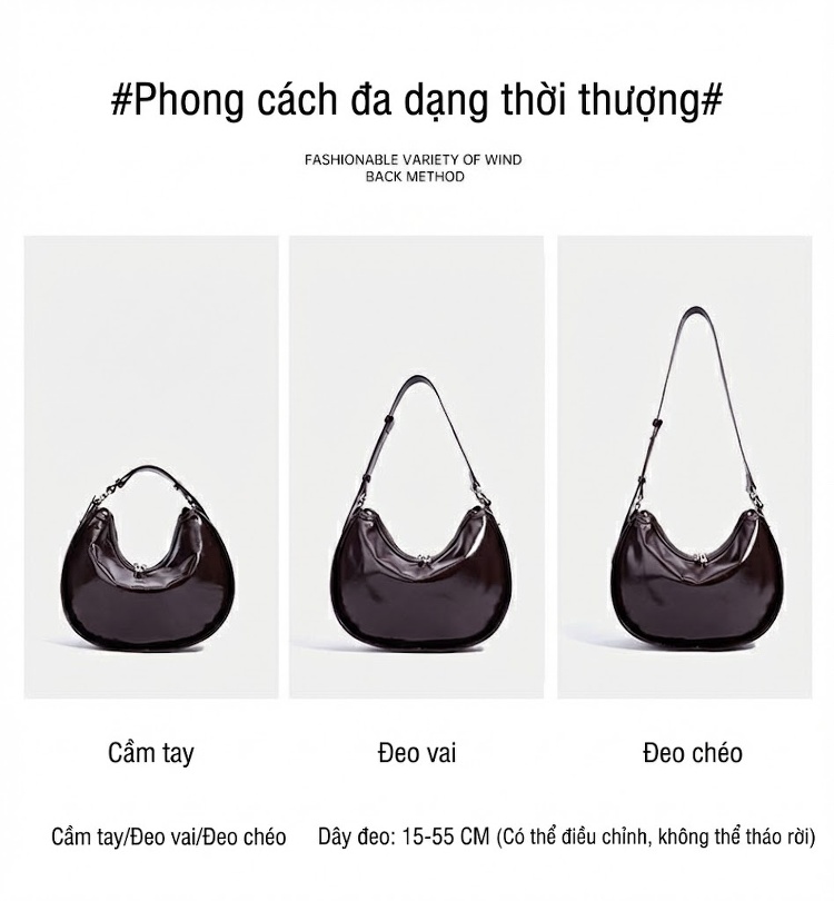 Túi Đeo Vai Nữ Thiết Kế Hình Trăng Lưỡi Liềm Da Bóng Cao Cấp Màu Đen, Nâu Đỏ, Trắng Kem chi tiết 10