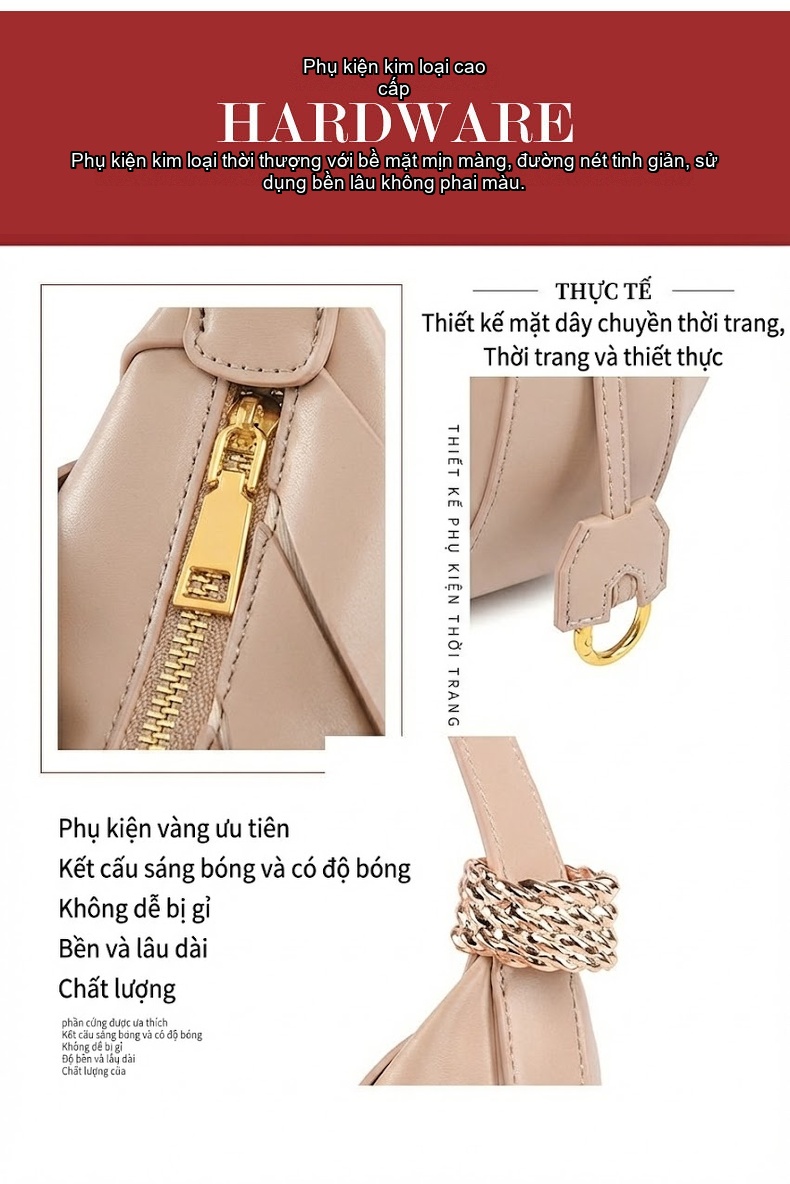 Túi Đeo Vai Nữ Thiết Kế Lưỡi Liềm Khoét Rãnh Thời Trang Đeo Nách Màu Be, Nâu, Đen chi tiết 8