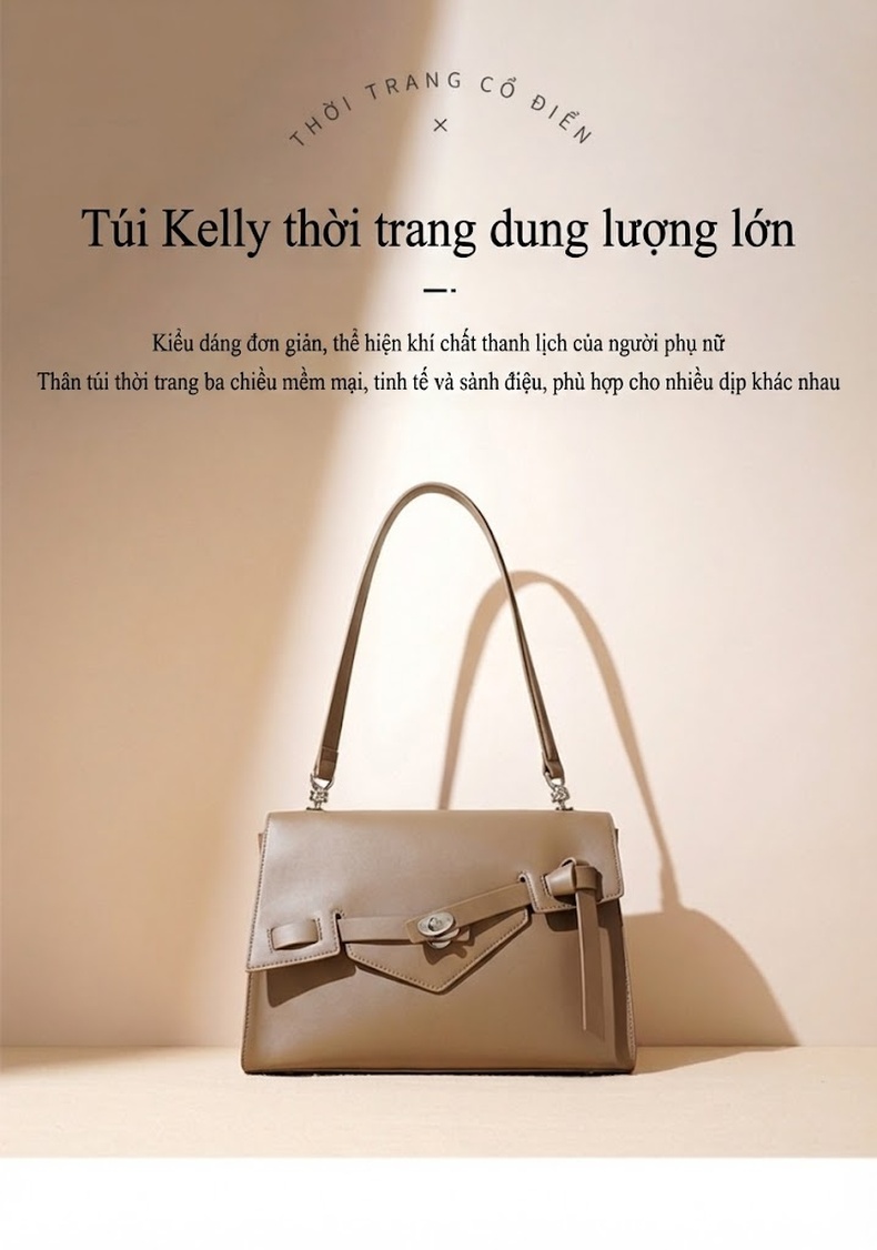 Túi Đeo Vai Nữ Thiết Kế Nắp Gập Bất Đối Xứng Đựng Vừa A4 Phong Cách Công Sở Màu Trắng Kem, Đen, Nâu, Xám chi tiết 2