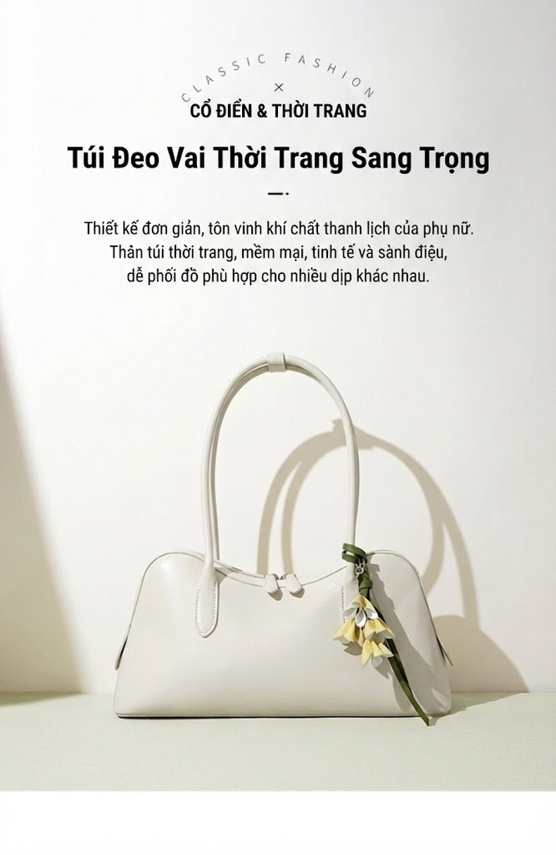 Túi Đeo Vai Nữ Thiết Kế Tinh Tế, Đính Phụ Kiện, Dáng Túi Kẹp Nách, Túi Xách Tay Công Sở Màu Trắng, Nâu, Đen chi tiết 1