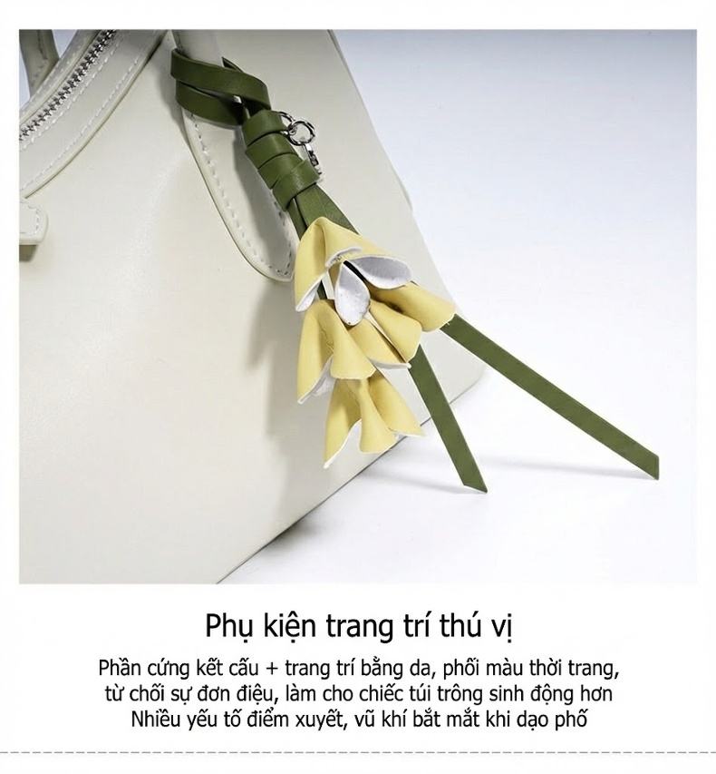 Túi Đeo Vai Nữ Thiết Kế Tinh Tế, Đính Phụ Kiện, Dáng Túi Kẹp Nách, Túi Xách Tay Công Sở Màu Trắng, Nâu, Đen chi tiết 12