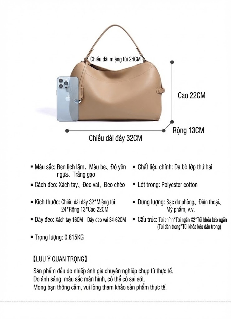 Túi Đeo Vai Nữ Thiết Kế Tối Giản Cao Cấp Đeo Chéo Đựng Vừa A4 Màu Kem, Trắng, Đen chi tiết 7