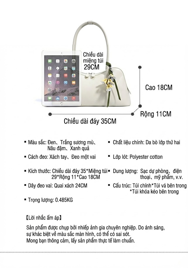 Túi Đeo Vai Nữ Thiết Kế Tối Giản, Túi Kẹp Nách Công Sở, Túi Xách Tay Đa Năng Màu Trắng, Nâu, Đen chi tiết 9