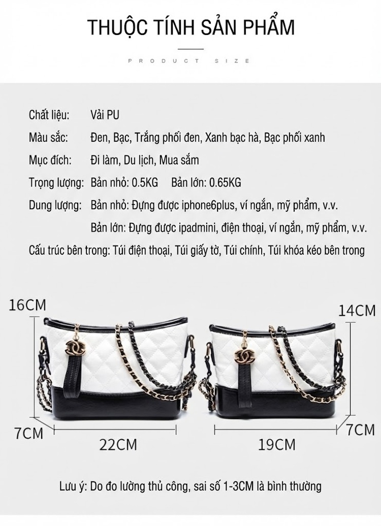 Túi Đeo Vai Nữ Trám Ô Dây Xích Phong Cách Tiểu Hương Túi Nữ Kiểu Túi Hobo Màu Trắng, Đen chi tiết 15