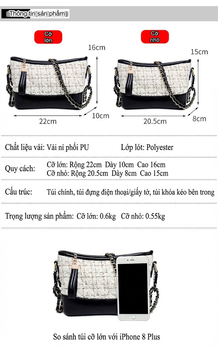 Túi Đeo Vai Nữ Trám Ô Dây Xích Phong Cách Tiểu Hương Túi Xô Da Bóng Màu Đen, Trắng chi tiết 25