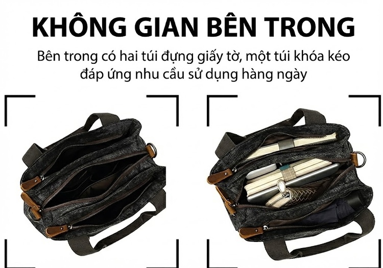 Túi Đeo Vai Nữ Vải Canvas Da Thật Họa Tiết Dân Tộc Cổ Điển Màu Xám, Hồng, Xanh Dương, Xanh Lá chi tiết 15