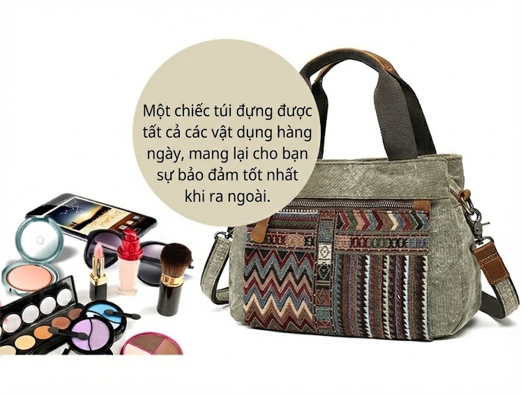 Túi Đeo Vai Nữ Vải Canvas Da Thật Họa Tiết Dân Tộc Cổ Điển Màu Xám, Hồng, Xanh Dương, Xanh Lá chi tiết 16
