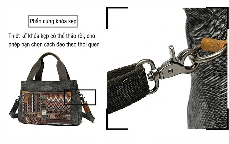 Túi Đeo Vai Nữ Vải Canvas Da Thật Họa Tiết Dân Tộc Cổ Điển Màu Xám, Hồng, Xanh Dương, Xanh Lá chi tiết 12