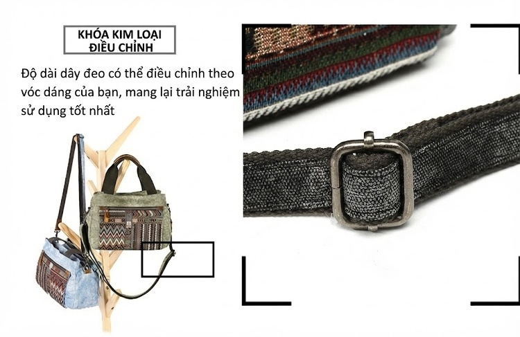 Túi Đeo Vai Nữ Vải Canvas Da Thật Họa Tiết Dân Tộc Cổ Điển Màu Xám, Hồng, Xanh Dương, Xanh Lá chi tiết 14