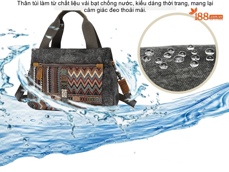 Túi Đeo Vai Nữ Vải Canvas Da Thật Họa Tiết Dân Tộc Cổ Điển Màu Xám, Hồng, Xanh Dương, Xanh Lá chi tiết 2