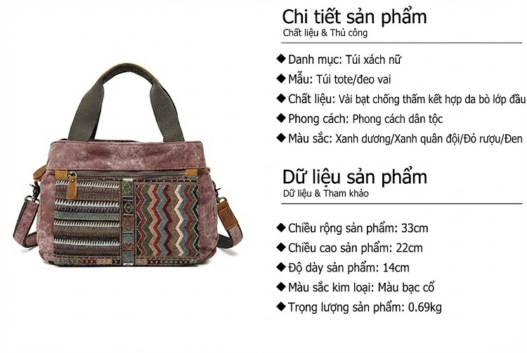 Túi Đeo Vai Nữ Vải Canvas Da Thật Họa Tiết Dân Tộc Cổ Điển Màu Xám, Hồng, Xanh Dương, Xanh Lá chi tiết 3