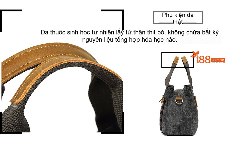 Túi Đeo Vai Nữ Vải Canvas Da Thật Họa Tiết Dân Tộc Cổ Điển Màu Xám, Hồng, Xanh Dương, Xanh Lá chi tiết 13