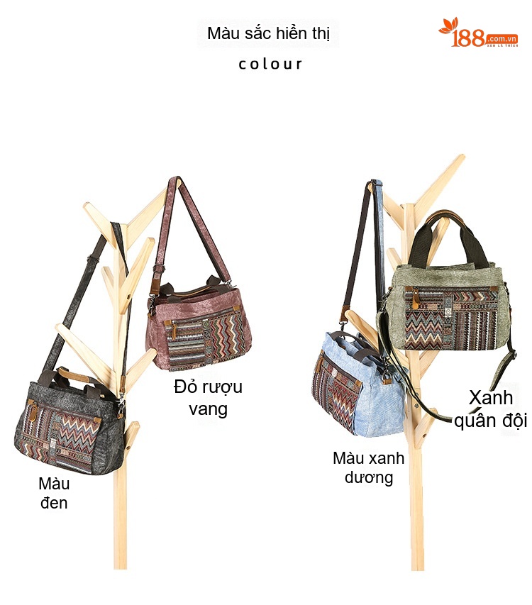 Túi Đeo Vai Nữ Vải Canvas Da Thật Họa Tiết Dân Tộc Cổ Điển Màu Xám, Hồng, Xanh Dương, Xanh Lá chi tiết 6