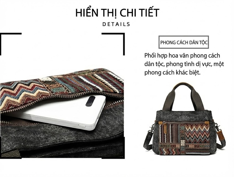 Túi Đeo Vai Nữ Vải Canvas Da Thật Họa Tiết Dân Tộc Cổ Điển Màu Xám, Hồng, Xanh Dương, Xanh Lá chi tiết 11