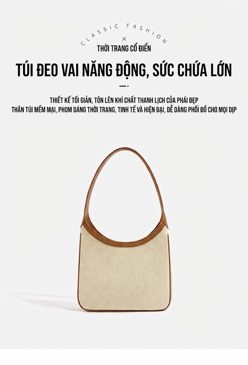 Túi Đeo Vai Nữ Vải Canvas Viền Da Sáng Màu Túi Kẹp Nách Đeo Vai Công Sở chi tiết 1