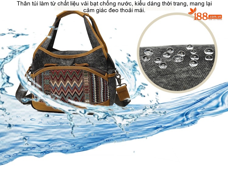 Túi Đeo Vai Nữ Vải Canvas Viền Da Thật Hoa Văn Dân Tộc Cổ Điển Màu Xám, Nâu, Đen, Xanh... chi tiết 2