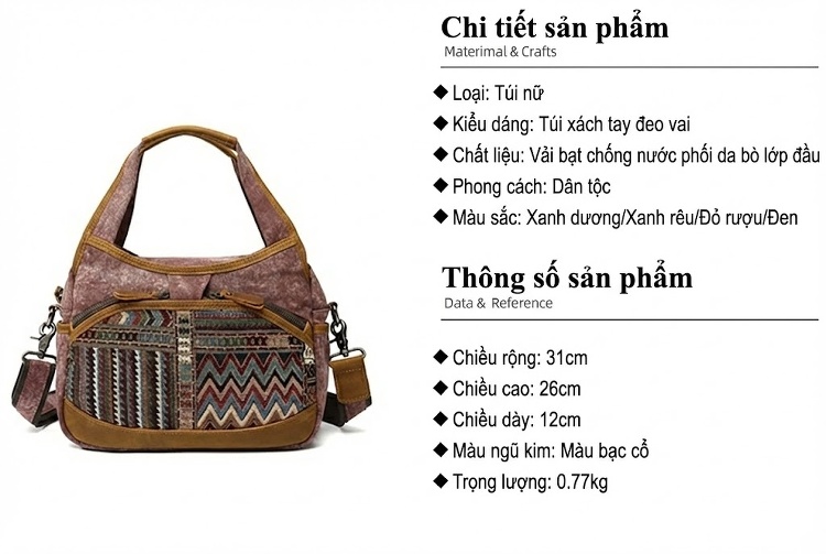 Túi Đeo Vai Nữ Vải Canvas Viền Da Thật Hoa Văn Dân Tộc Cổ Điển Màu Xám, Nâu, Đen, Xanh... chi tiết 3