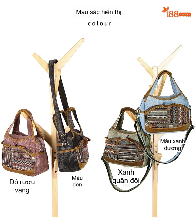 Túi Đeo Vai Nữ Vải Canvas Viền Da Thật Hoa Văn Dân Tộc Cổ Điển Màu Xám, Nâu, Đen, Xanh... chi tiết 5