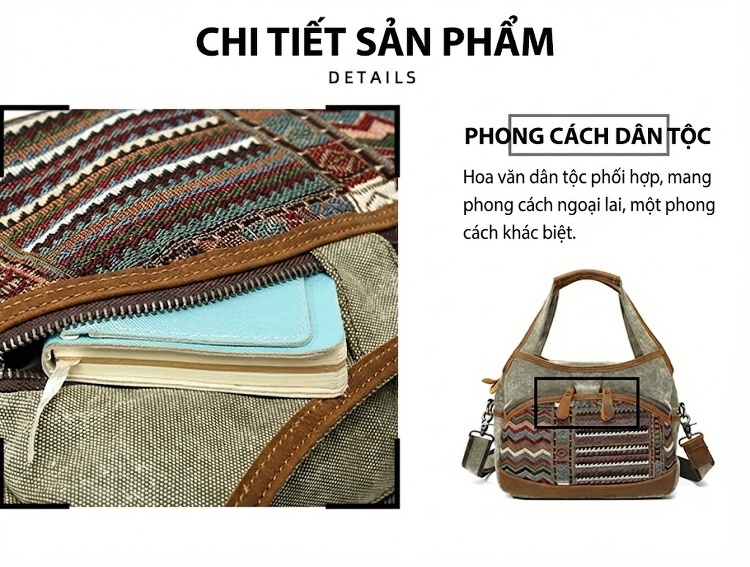 Túi Đeo Vai Nữ Vải Canvas Viền Da Thật Hoa Văn Dân Tộc Cổ Điển Màu Xám, Nâu, Đen, Xanh... chi tiết 9