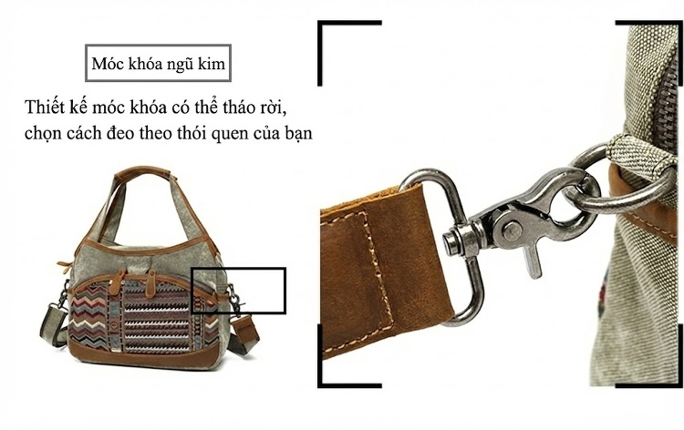 Túi Đeo Vai Nữ Vải Canvas Viền Da Thật Hoa Văn Dân Tộc Cổ Điển Màu Xám, Nâu, Đen, Xanh... chi tiết 10