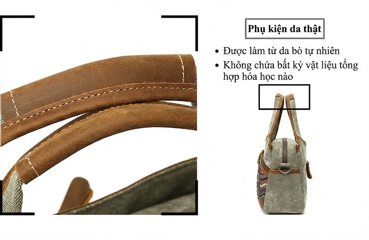 Túi Đeo Vai Nữ Vải Canvas Viền Da Thật Hoa Văn Dân Tộc Cổ Điển Màu Xám, Nâu, Đen, Xanh... chi tiết 11