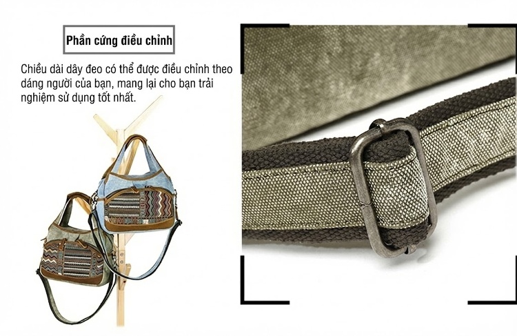 Túi Đeo Vai Nữ Vải Canvas Viền Da Thật Hoa Văn Dân Tộc Cổ Điển Màu Xám, Nâu, Đen, Xanh... chi tiết 12