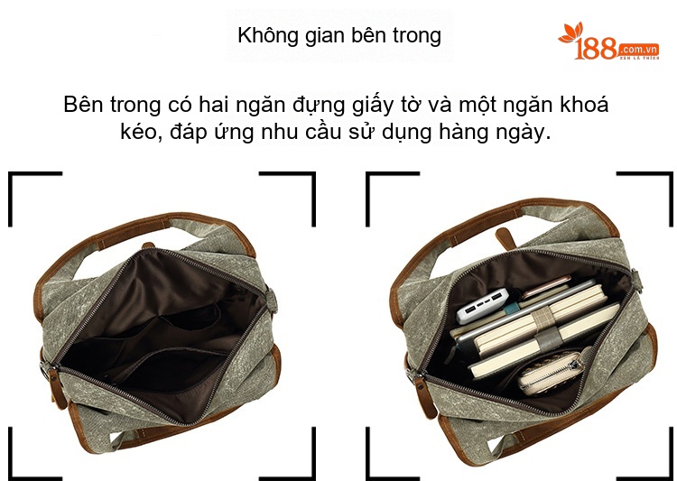 Túi Đeo Vai Nữ Vải Canvas Viền Da Thật Hoa Văn Dân Tộc Cổ Điển Màu Xám, Nâu, Đen, Xanh... chi tiết 13