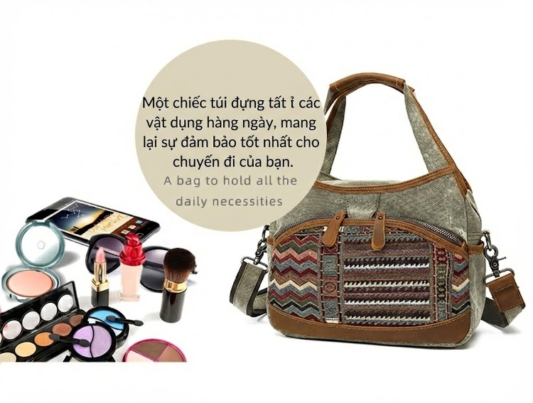 Túi Đeo Vai Nữ Vải Canvas Viền Da Thật Hoa Văn Dân Tộc Cổ Điển Màu Xám, Nâu, Đen, Xanh... chi tiết 14