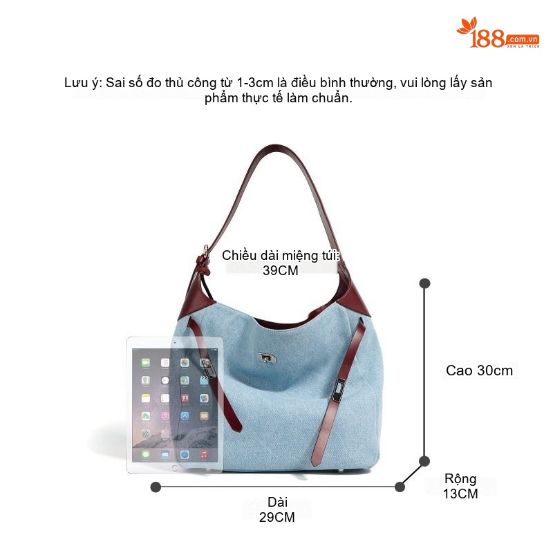 Túi Đeo Vai Nữ Vải Denim, Da Bò Màu Xanh Lam, Đỏ Rượu