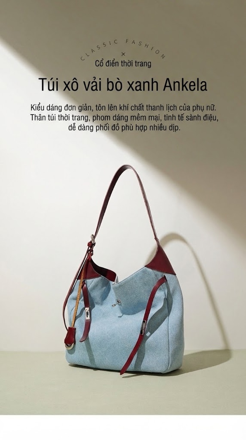 Túi Đeo Vai Nữ Vải Denim, Da Bò Màu Xanh Lam, Đỏ Rượu chi tiết 2