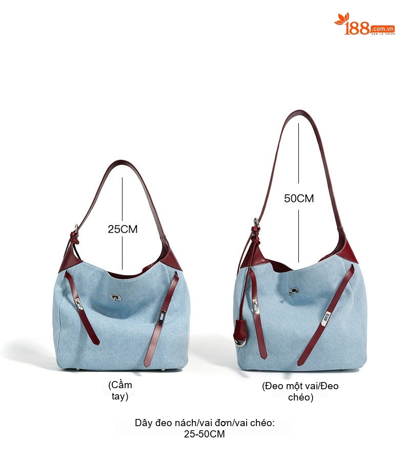 Túi Đeo Vai Nữ Vải Denim, Da Bò Màu Xanh Lam, Đỏ Rượu chi tiết 6