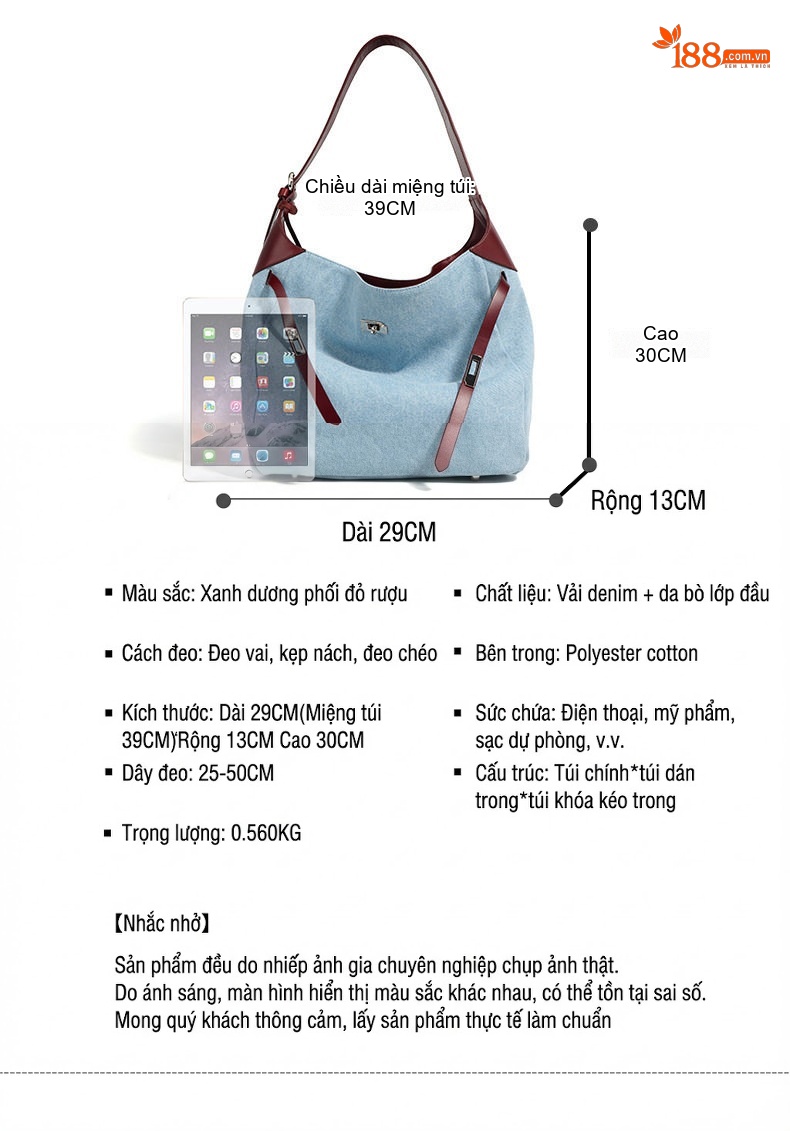 Túi Đeo Vai Nữ Vải Denim, Da Bò Màu Xanh Lam, Đỏ Rượu chi tiết 5