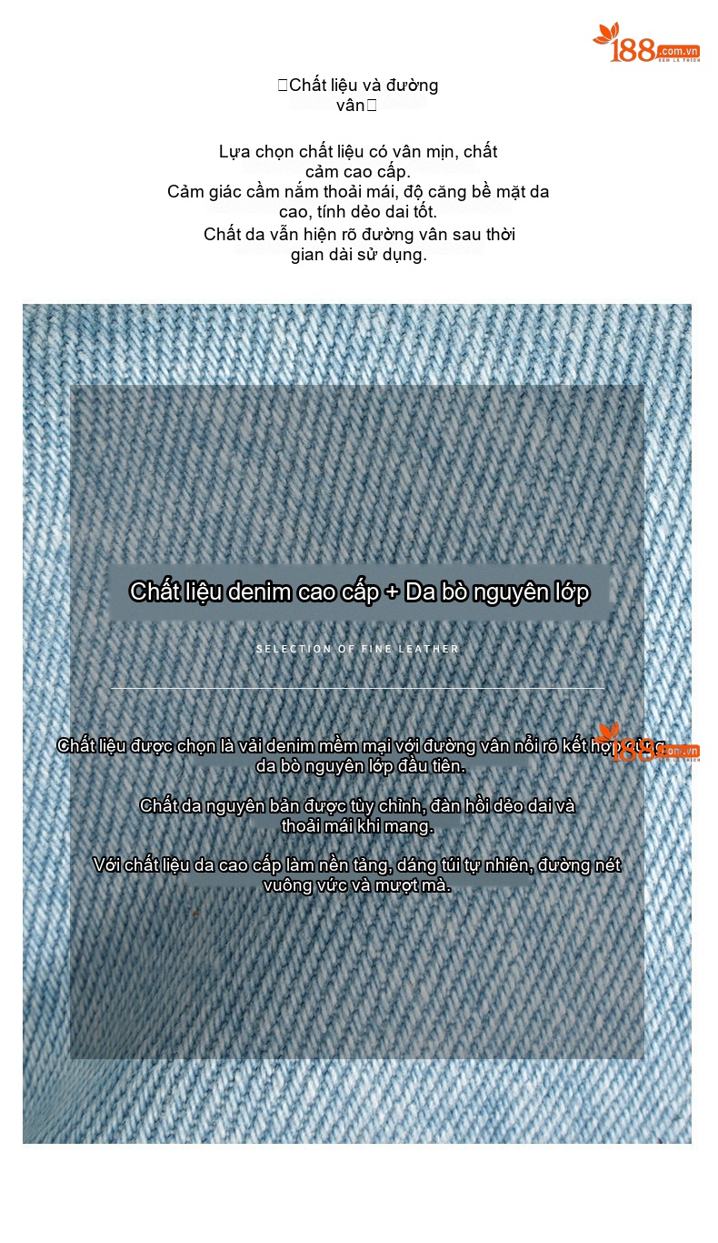 Túi Đeo Vai Nữ Vải Denim, Da Bò Màu Xanh Lam, Đỏ Rượu chi tiết 8