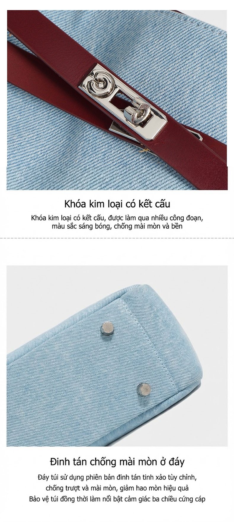Túi Đeo Vai Nữ Vải Denim, Da Bò Màu Xanh Lam, Đỏ Rượu chi tiết 10