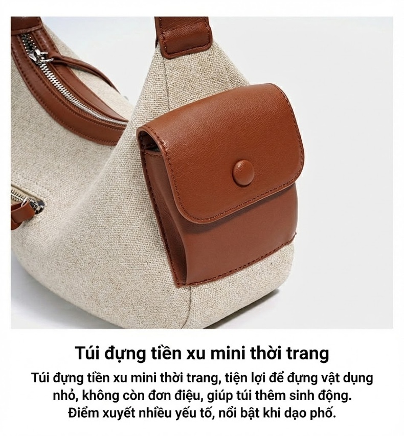 Túi Đeo Vai Nữ Vải Lanh Thiết Kế Tối Giản Sức Chứa Lớn Màu Be, Nâu, Đen, Xanh chi tiết 12