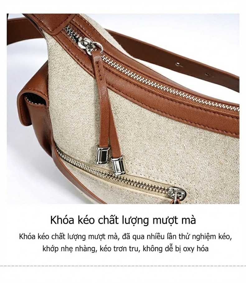 Túi Đeo Vai Nữ Vải Lanh Thiết Kế Tối Giản Sức Chứa Lớn Màu Be, Nâu, Đen, Xanh chi tiết 13
