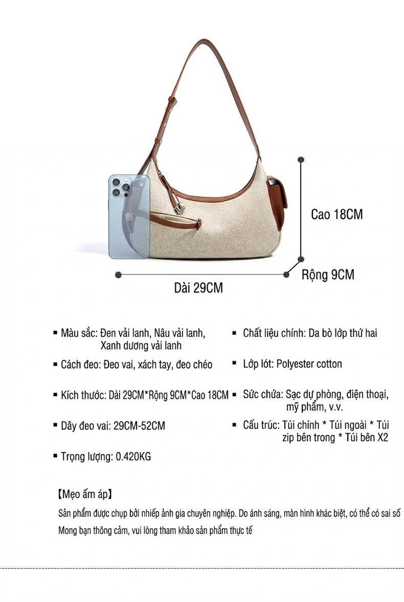 Túi Đeo Vai Nữ Vải Lanh Thiết Kế Tối Giản Sức Chứa Lớn Màu Be, Nâu, Đen, Xanh chi tiết 7