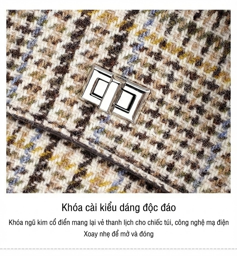 Túi Đeo Vai Nữ Vải Lông Cừu Caro Phối Da Bò, Túi Tote Lớn chi tiết 17